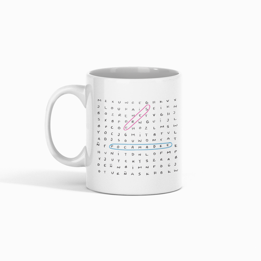 Taza de porcelana con dibujo de sopa de letras con Eres Poca Madre