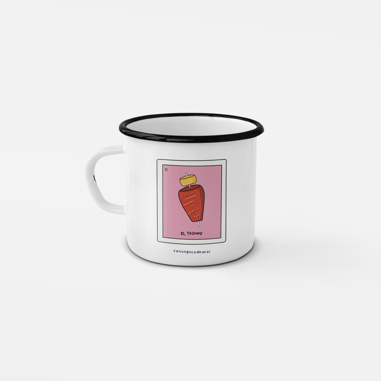Taza de peltre de la Lotería Mexicana con dibujo de El Trompo