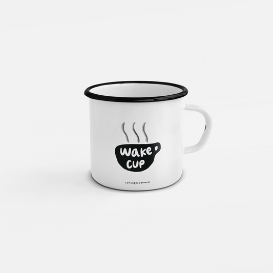 Taza de peltre con dibujo de Wake Cup