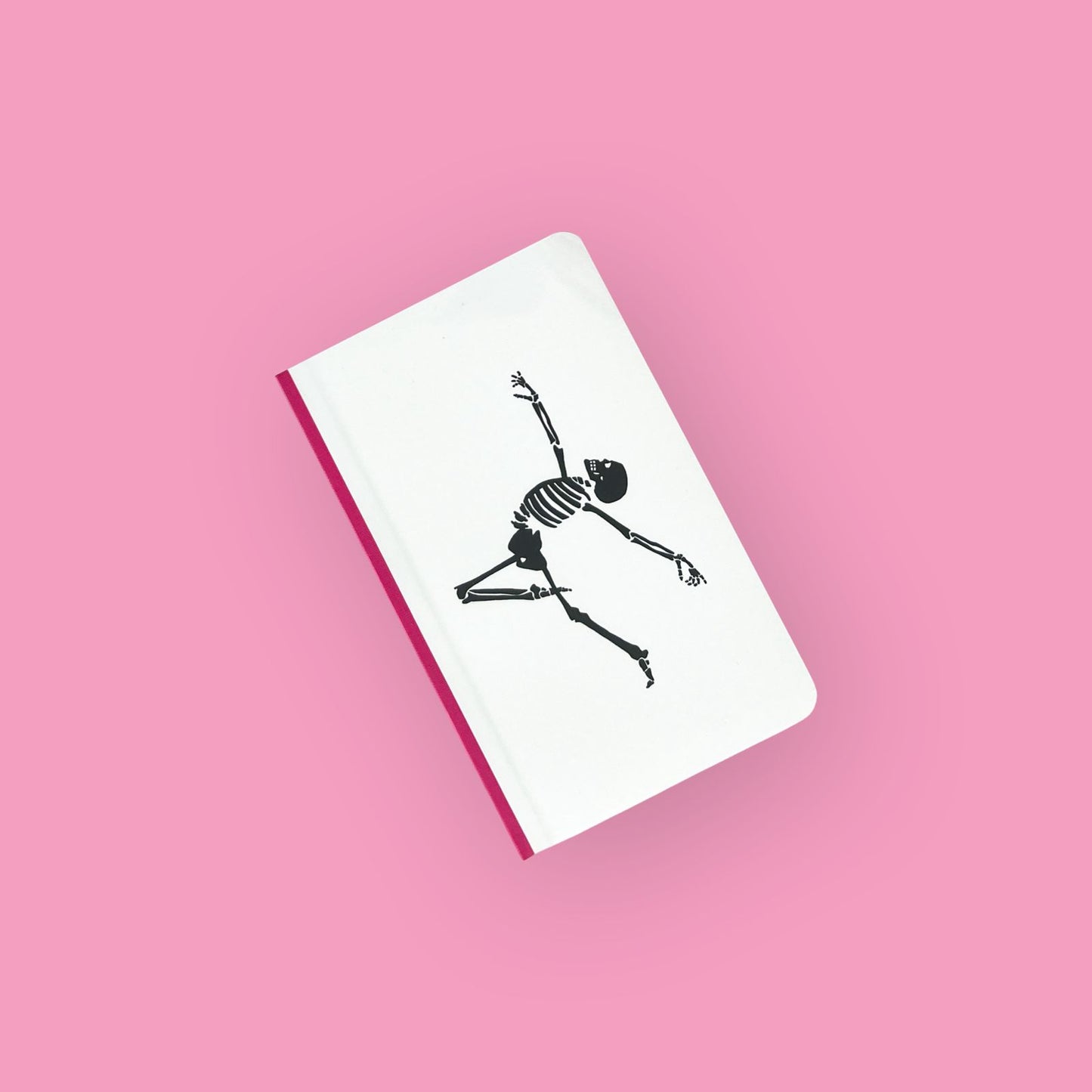 Foto de libreta chica con dibujo de calaca bailando con fondo rosa