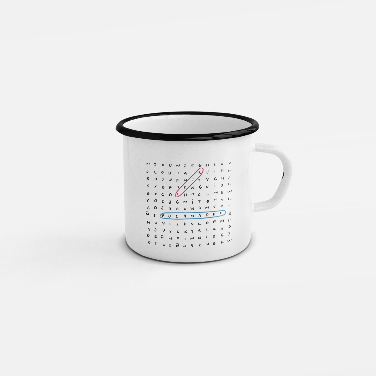 Taza de peltre con dibujo de sopa de letras Eres Poca Madre