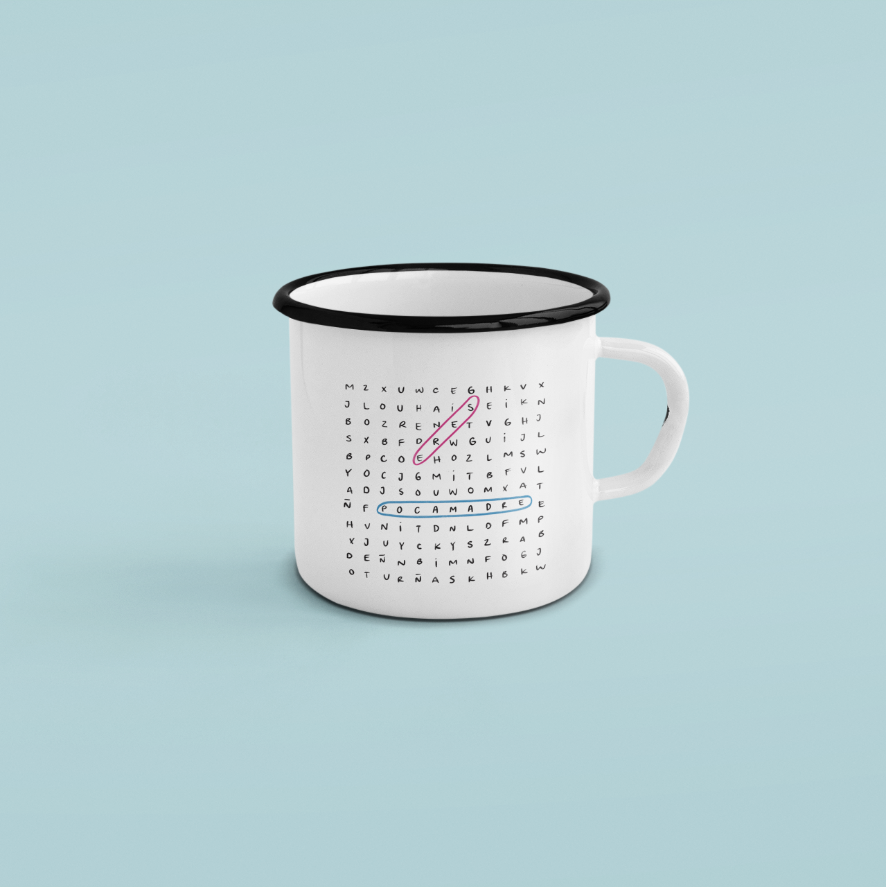 Taza de peltre con dibujo de sopa de letras Eres Poca Madre