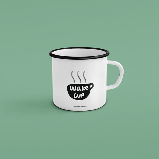 Taza de peltre con dibujo de Wake Cup con fondo verde